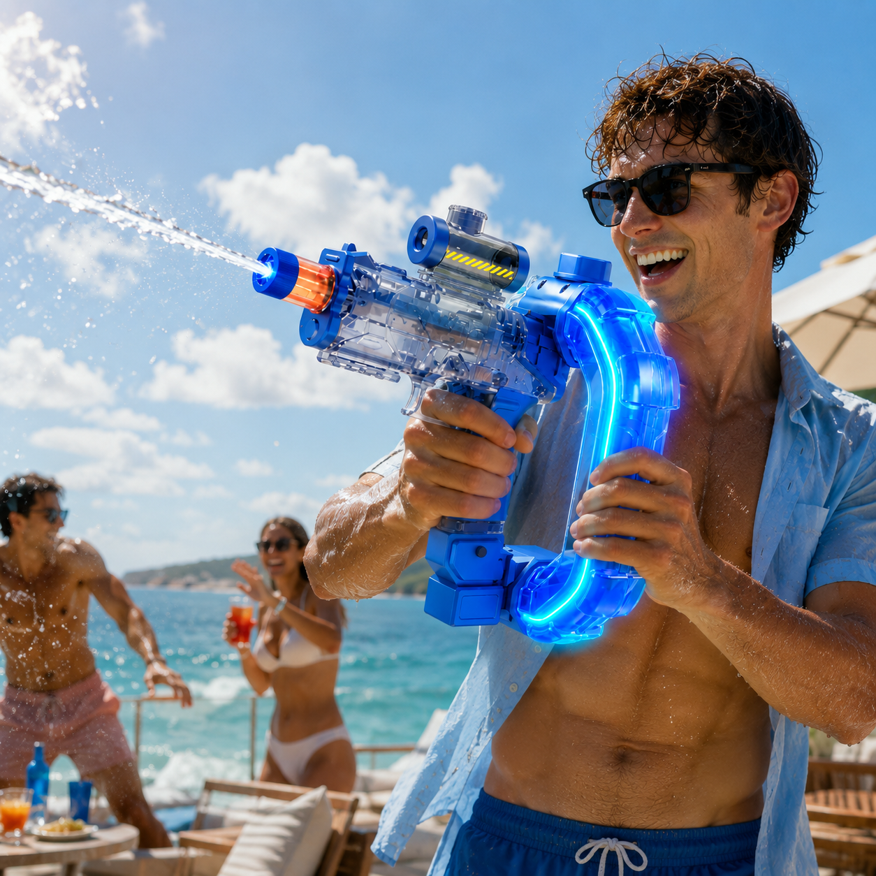 Man firing the neon blue water blaster on the beach