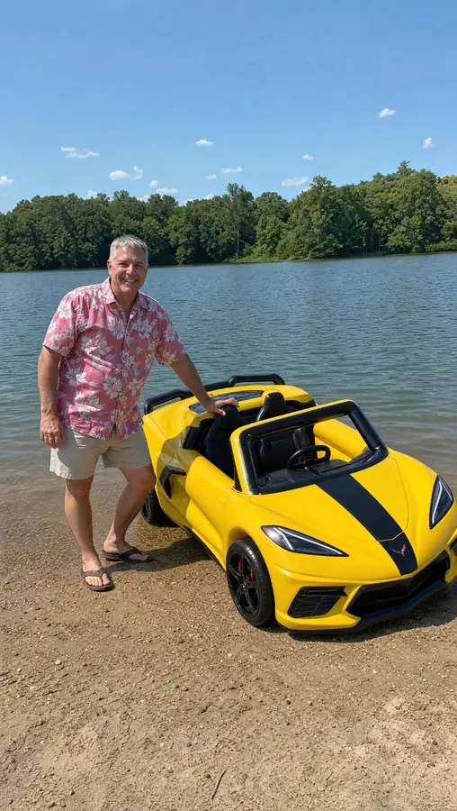 Customer standing next to the yellow DriftFloat Corvette C8 on a lake beach