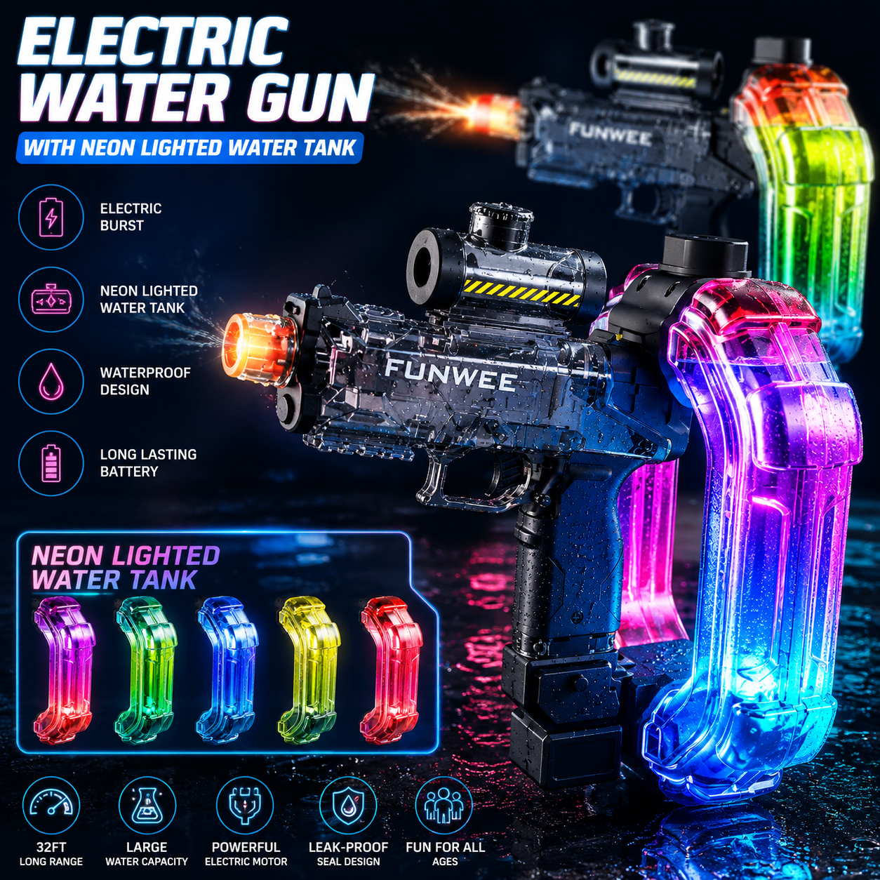 Neon Electric Water Blaster feature breakdown — 32ft range, neon lighted tank, waterproof